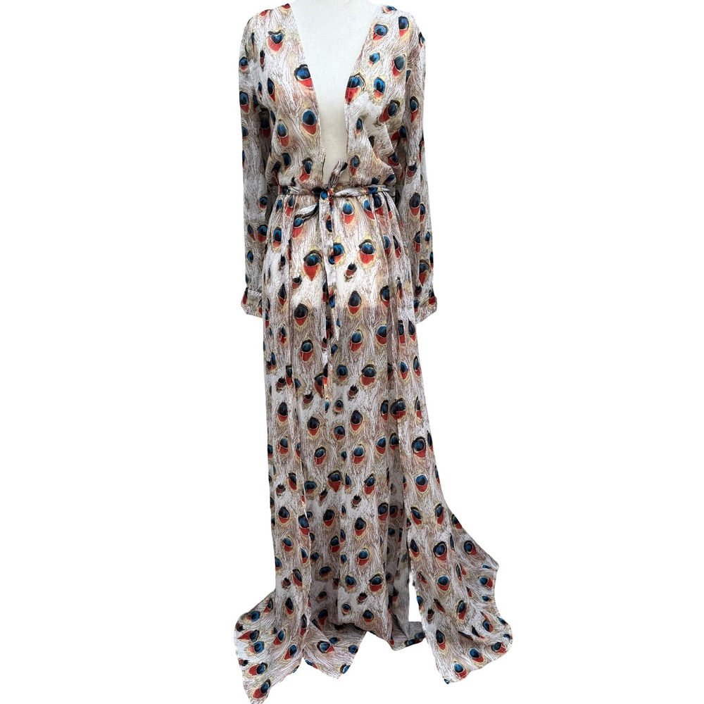 Miss Ord Peacock Feather Print Sheer Maxi Duster Robe XS Boho Kimono Festival